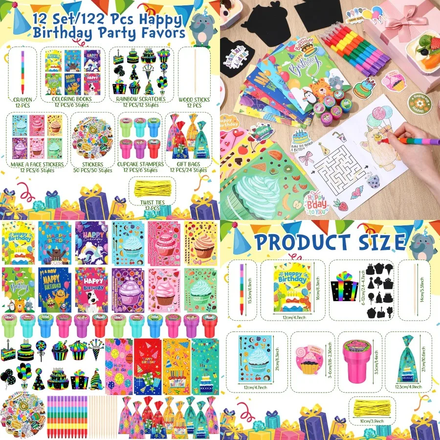 

12 Set Happy Birthday Classroom Gifts for School Events: Fun Return Gifts for Birthday Parties Ideal Goodie Bags with Coloring