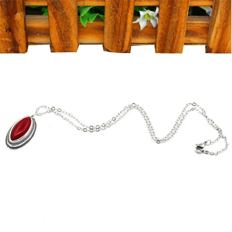 Double Layer Rhombus Red Stone Set Retro Necklace Earrings Set For Women Antique Silver Plated Fashion Jewelry