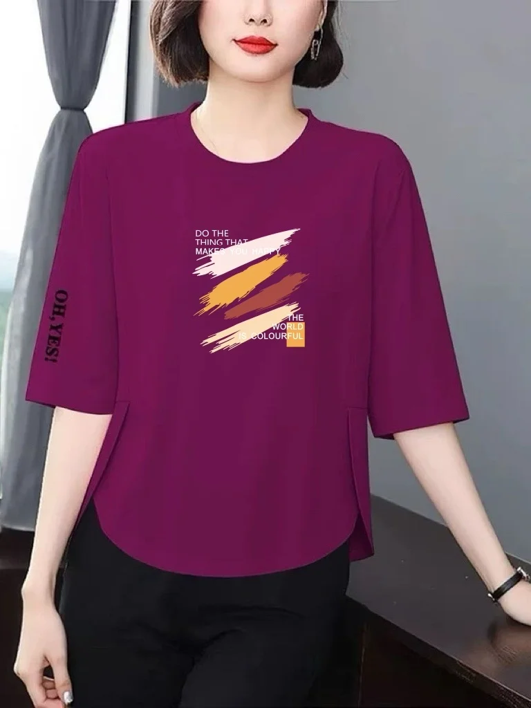 

Loose Fit Floral Print T-Shirt Women's Summer Breathable Polyester Fiber Casual Style Mommy Chic Seven Sleeve Loose Slimming Top