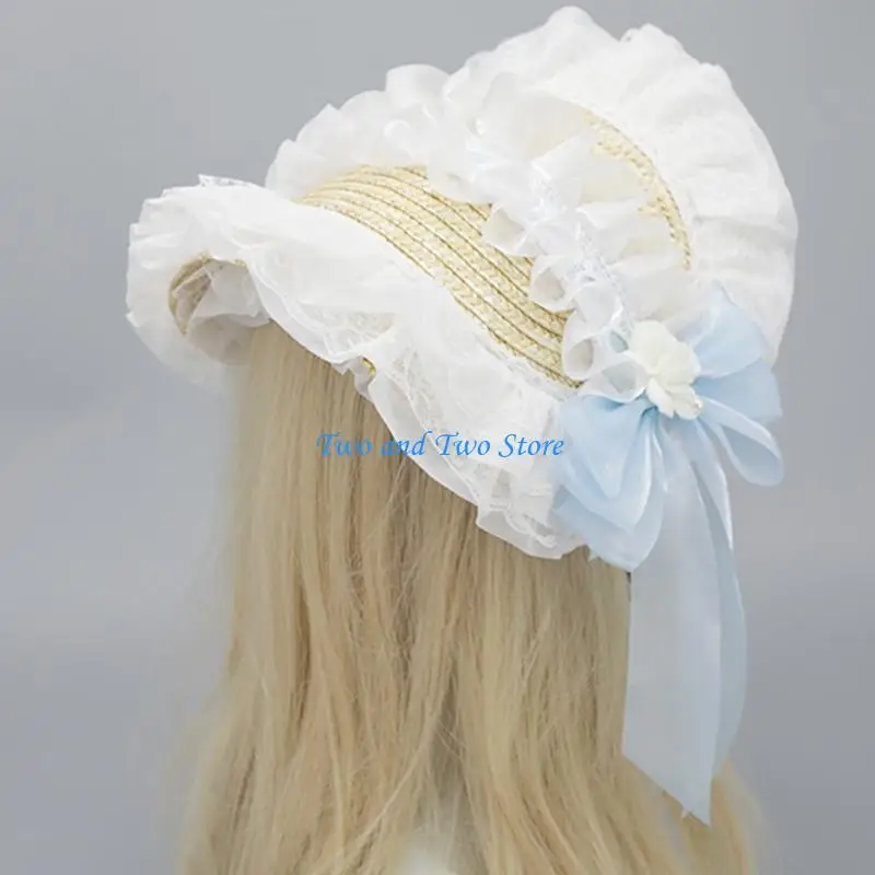 

HX6F Lace Ribbon Bowknot Sun Hat Victorian Bonnet Straw Hat for Theme Event Gathering