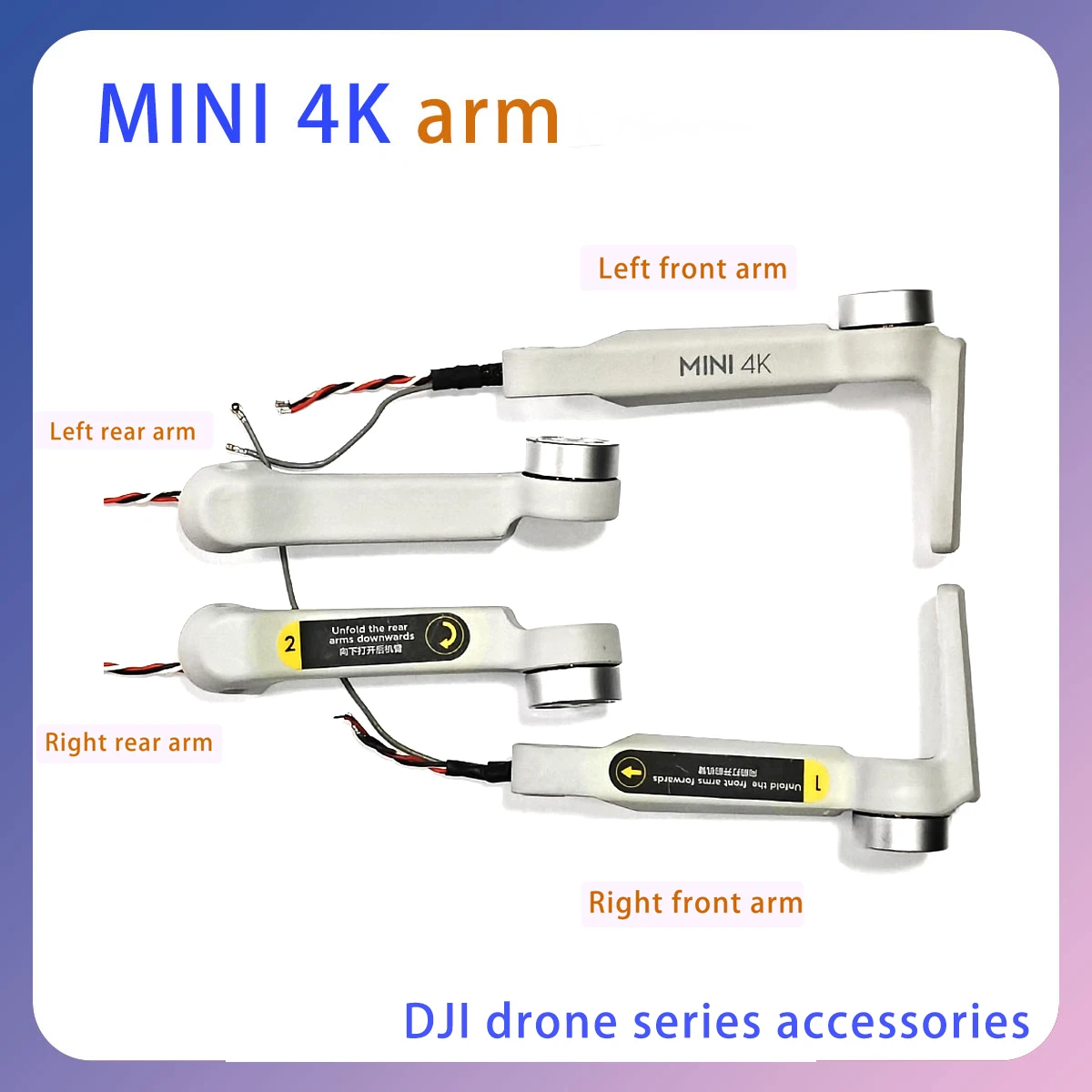 

The original Mini4K front, rear, left, and right power arms are in good condition and suitable for DJI drone maintenance parts