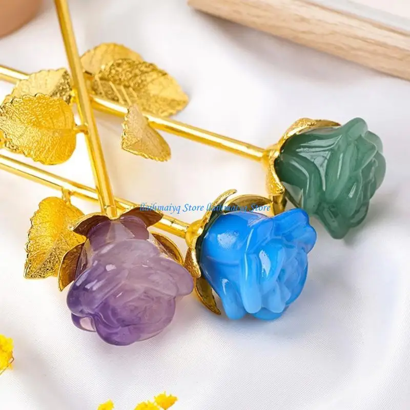 573B قاعدة ذهبية وردية أنيقة عنصر بيان حجر منحوت وردة أنيقة ديكورات المنزل حجر الملمس هدية لهواة جمع المجوهرات