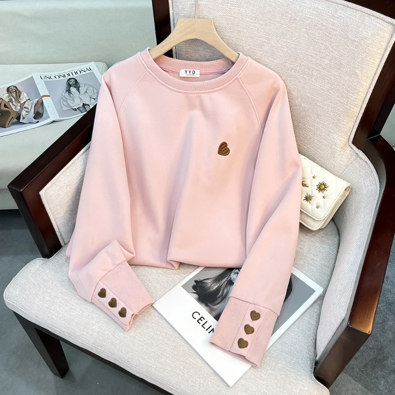 

2023 Korean Style New O-Neck Pullovers Autumn Fashion Heart Embroidery Loose Sweatshirts Casual All-Matched Tops