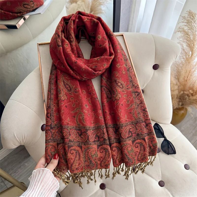 Luxury Burgundy Red Paisley Jacquard Scarf Women Tassel Trim Cashmere Feel Shawl Wrap Professional Scarves For Office Gift