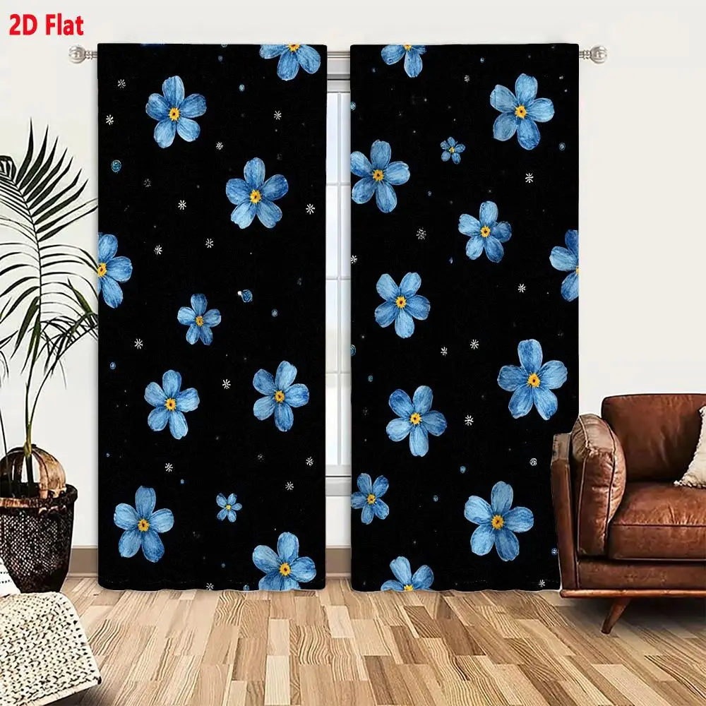 2Pcs Curtains 2D Flat Blue Flowers With Yellow Centers And White Specks On Black Background Seamless Pattern Window Drapes for B