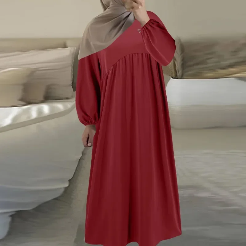 Women Abaya Dress Muslim Fashion Robe Long Lantern Sleeve Round -neck Female Casual Pleats Elegant Temperament Clothing