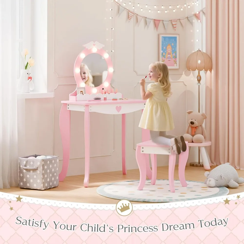 Kids Vanity Set with Lighted Mirror and Stool, Kids Make Up Vanity Desk with Storage Space, Wing Pattern for Little Girls