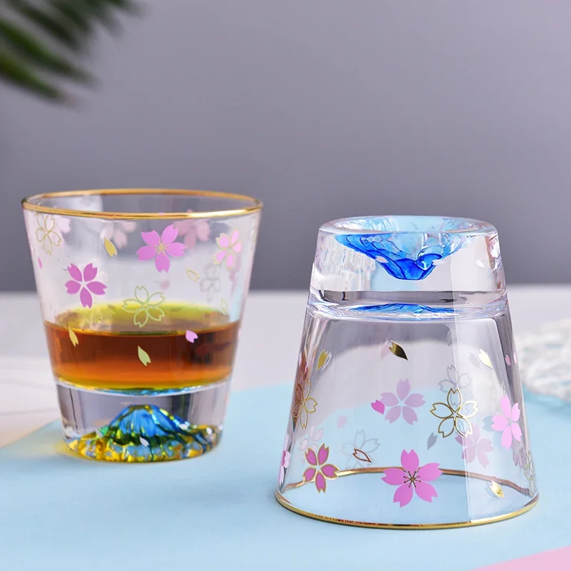 Creative Sakura Mount Fuji Glass Tea Cup Mug Wineglass Clean Glasses With Double Bottom Cold Drink Juice Milk Cups Drinkware New