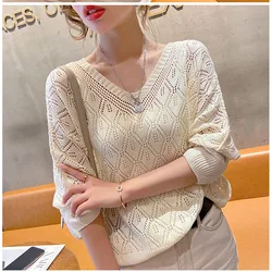 Hollow Out Women Summer Knitted Pullovers V-neck Casual Loose Knitting Pull Jumpers Half Sleeve Thin Female Tops Femme Jumpers