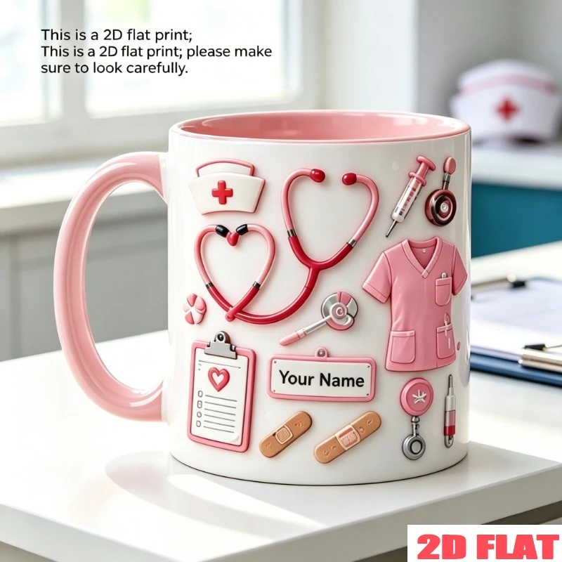 Personalized 2D Printed Nurse Mug 11oz Ceramic Coffee Cup Custom Name Text Stethoscope Nurse Hat Microwave Safe Gift for Nurse