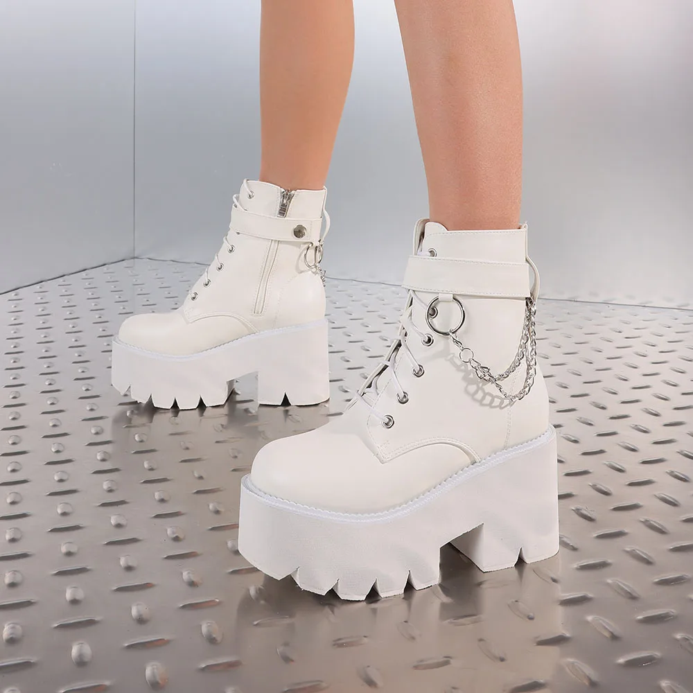 المرأة القوطية حذاء من الجلد سميكة القاع منصة سلسلة معدنية ديكور الشرير مكتنزة عالية الكعب دراجة نارية أحذية بوت قصيرة موضة Stylis