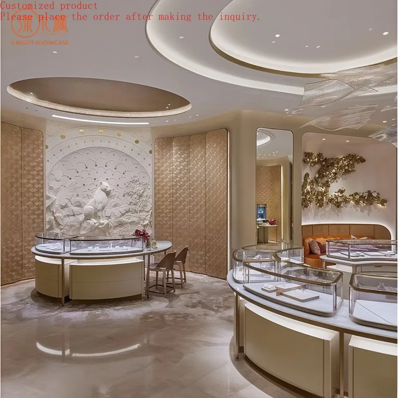 

Custom.Custom Luxury Jewelry Display Cabinets with Beige & Wood Elements - LED-Lit Glass Display Cases for High-End Jewelry Bout