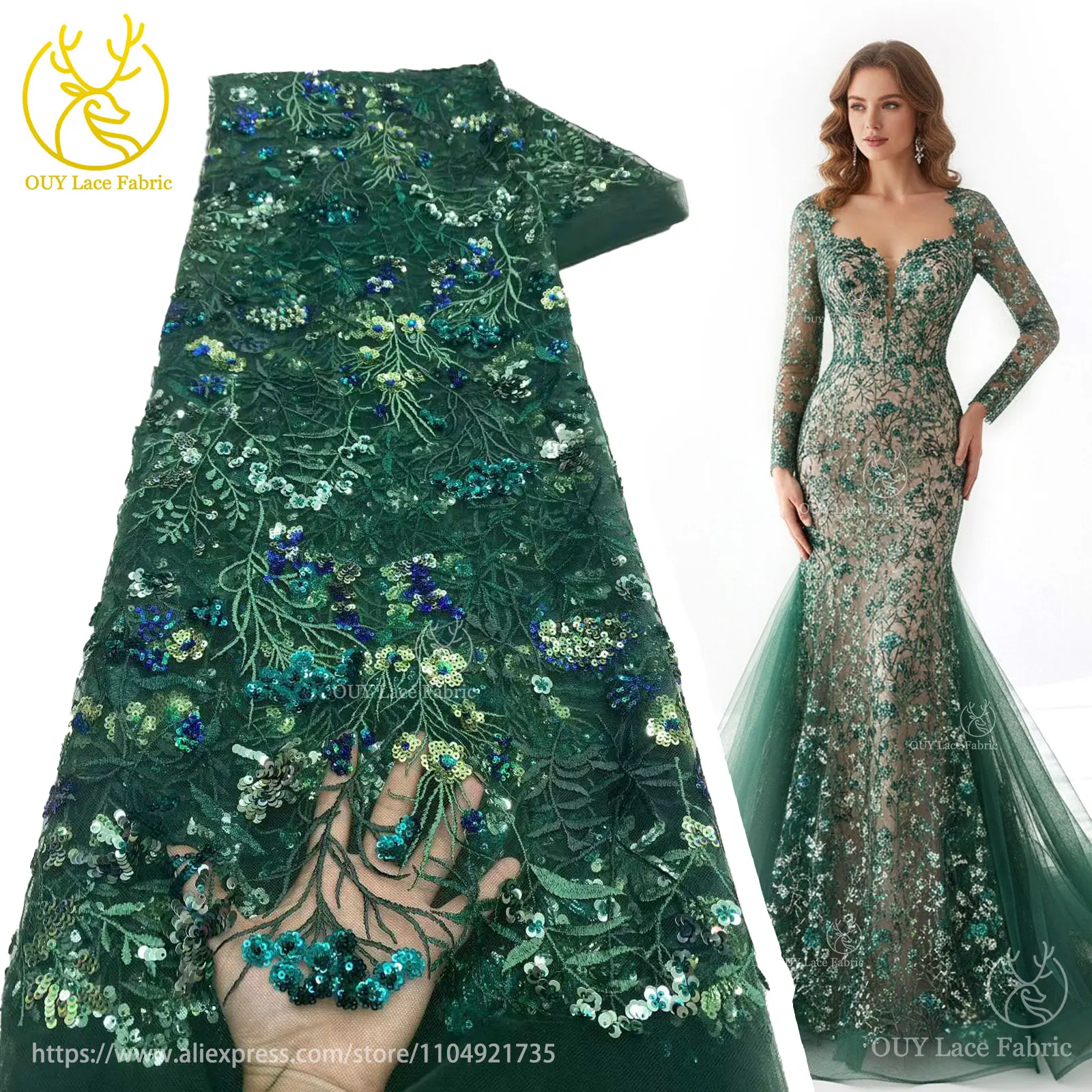 

2025 African Embroidery Tulle Lace Fabric 5 Yards High Quality Nigerian Sequin Lace Fabric for Women's Dinner Party Dresses