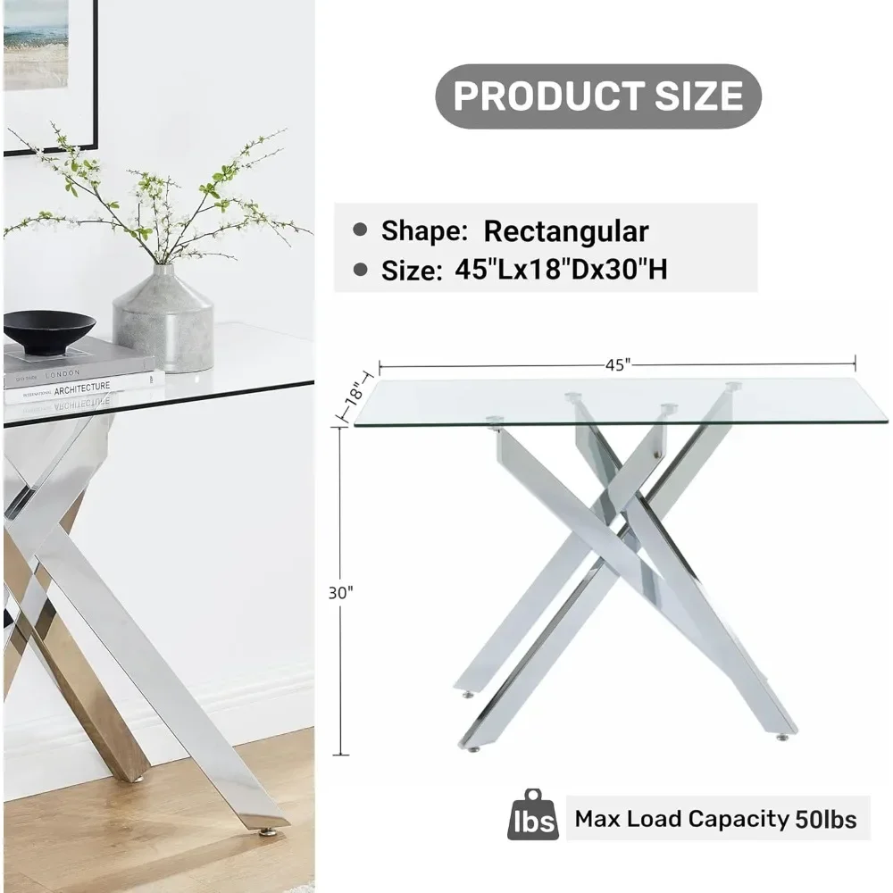 Mesa consola de estilo moderno, mesa de sofá estrecha con tapa de vidrio templado y patas tubulares de metal, 45" Lx18 Lx30 H