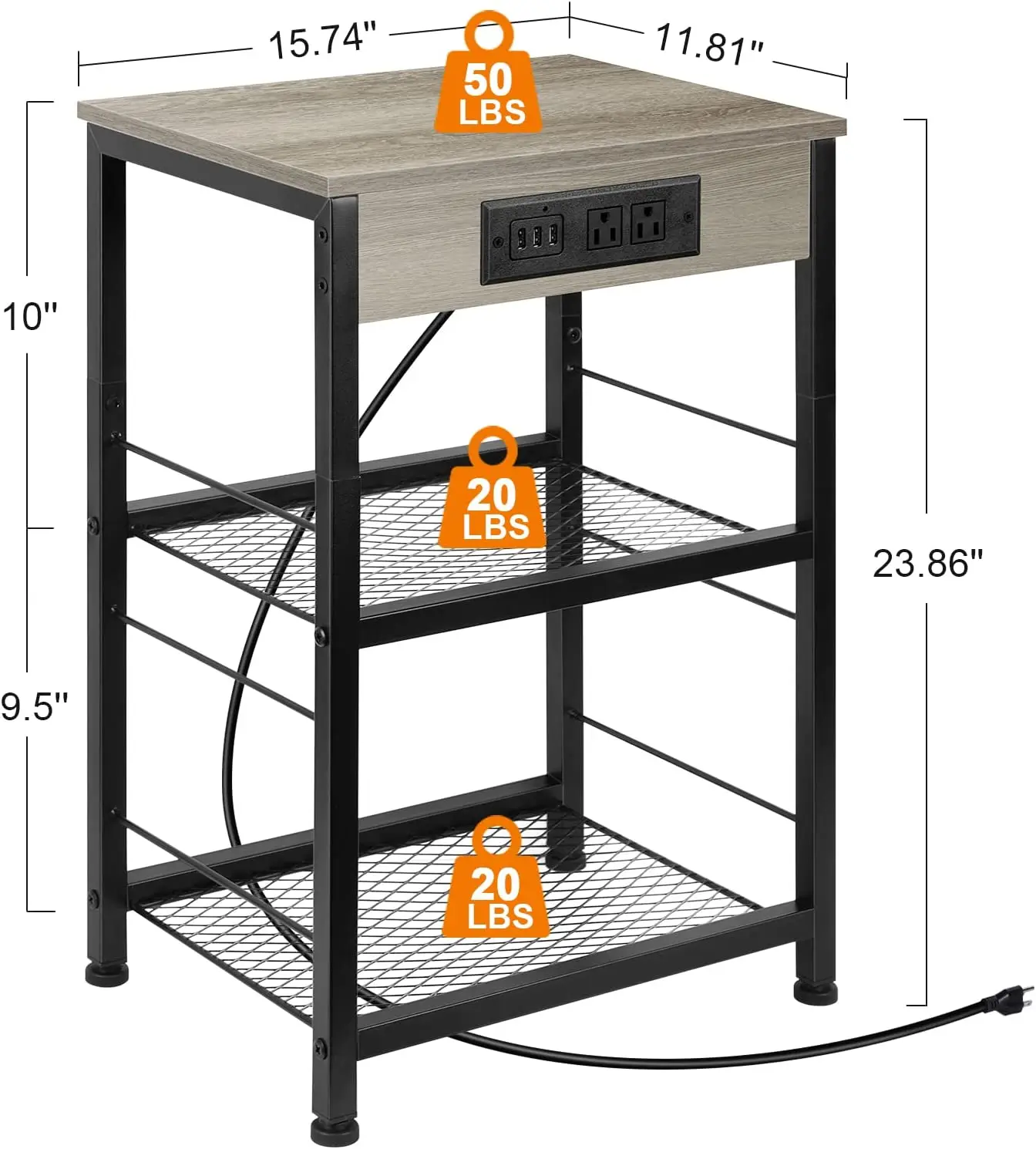Table de chevet avec station de charge pour chambre à coucher, table d'extrémité avec ports USB et prises de courant, petite table d'appoint à 3 niveaux avec prise