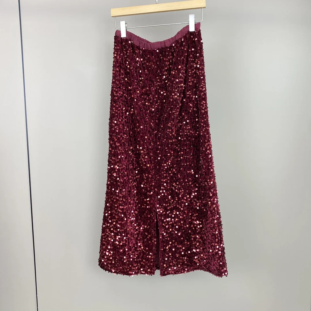 Early Autumn New Style Corduroy Sequined Mid-Length Skirt Elastic Waist Red High Waist Slimming Slit For Women