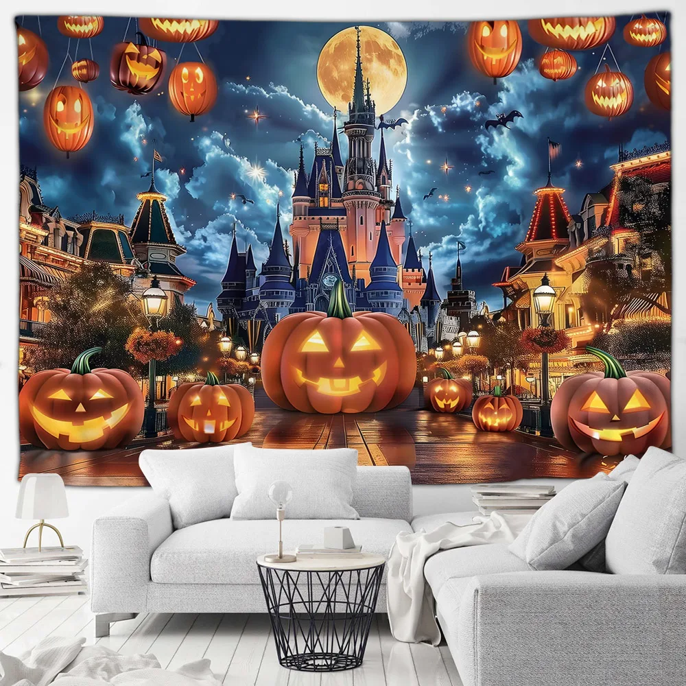 Halloween Night Landscape Tapestry Funny Pumpkin Lights Castle City Scenery Wall Hanging Home Living Room Bedroom Decor Tapestry