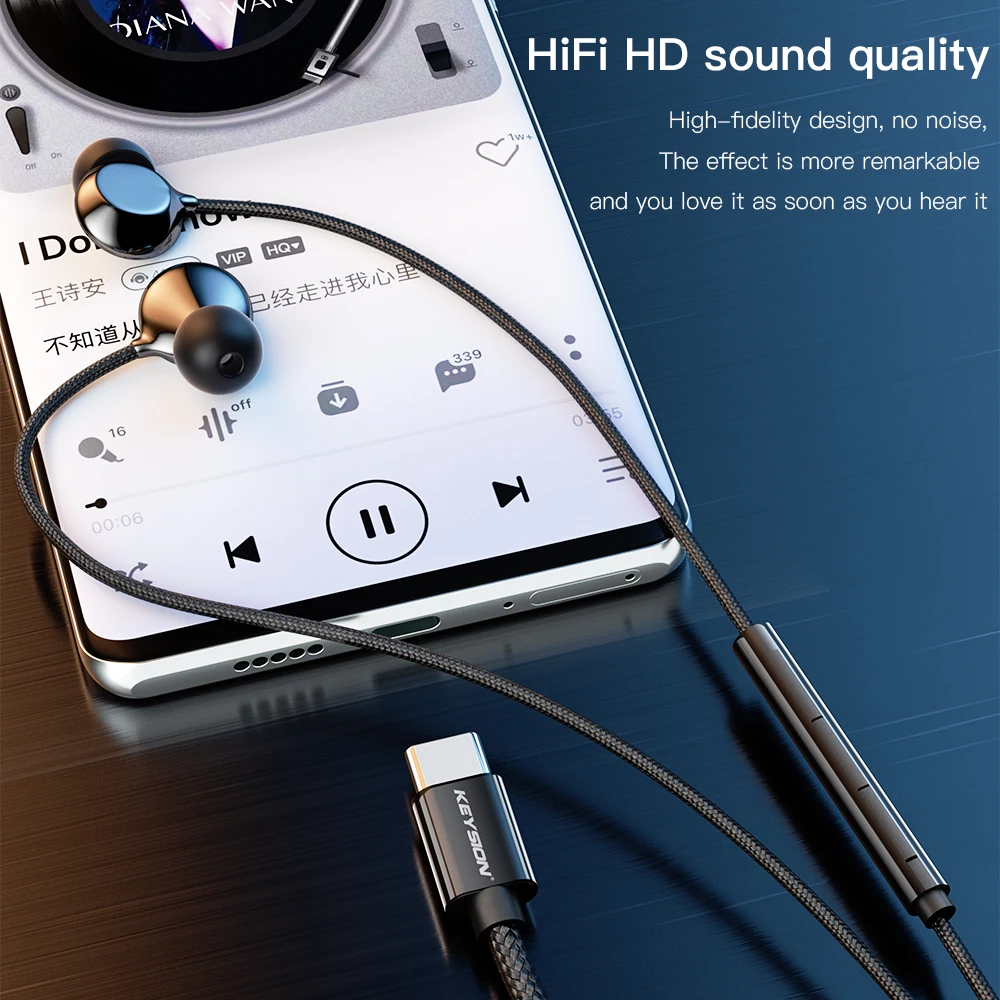 KEYSION Type-C Ceramic Wired Headset HiFi Bass Stereo Music Earphones In-ear Mic USB C Headphones for iPhone 15 Samsung Xiaomi