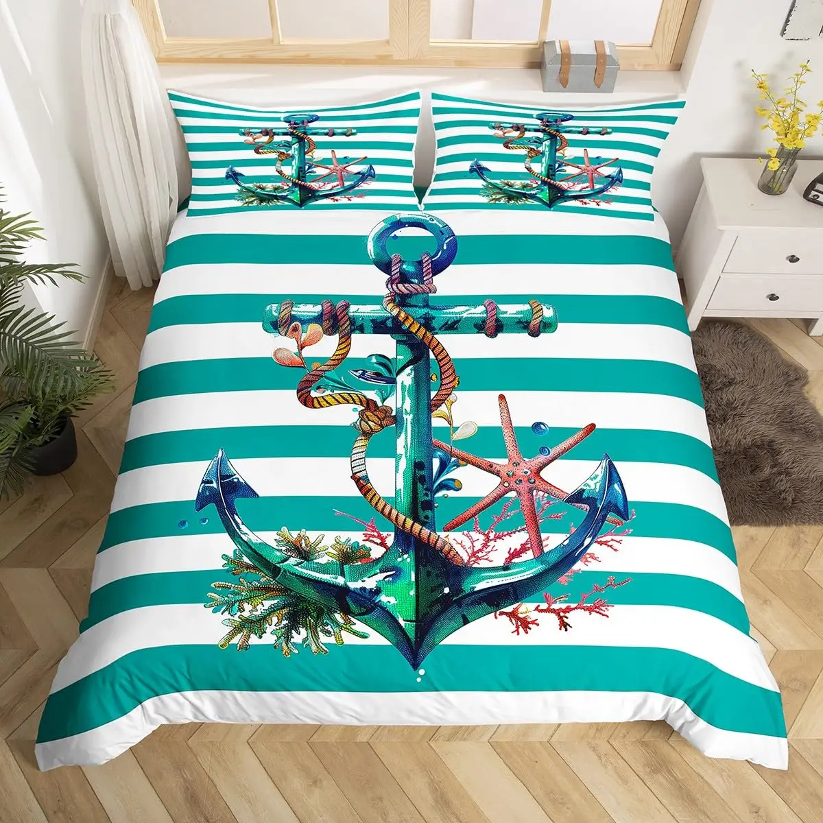 Nautical Bedding Set Ocean Anchor Decor Duvet Cover Sailor Pirate Captain Comforter Cover Sea Adventure Bedspread Cover