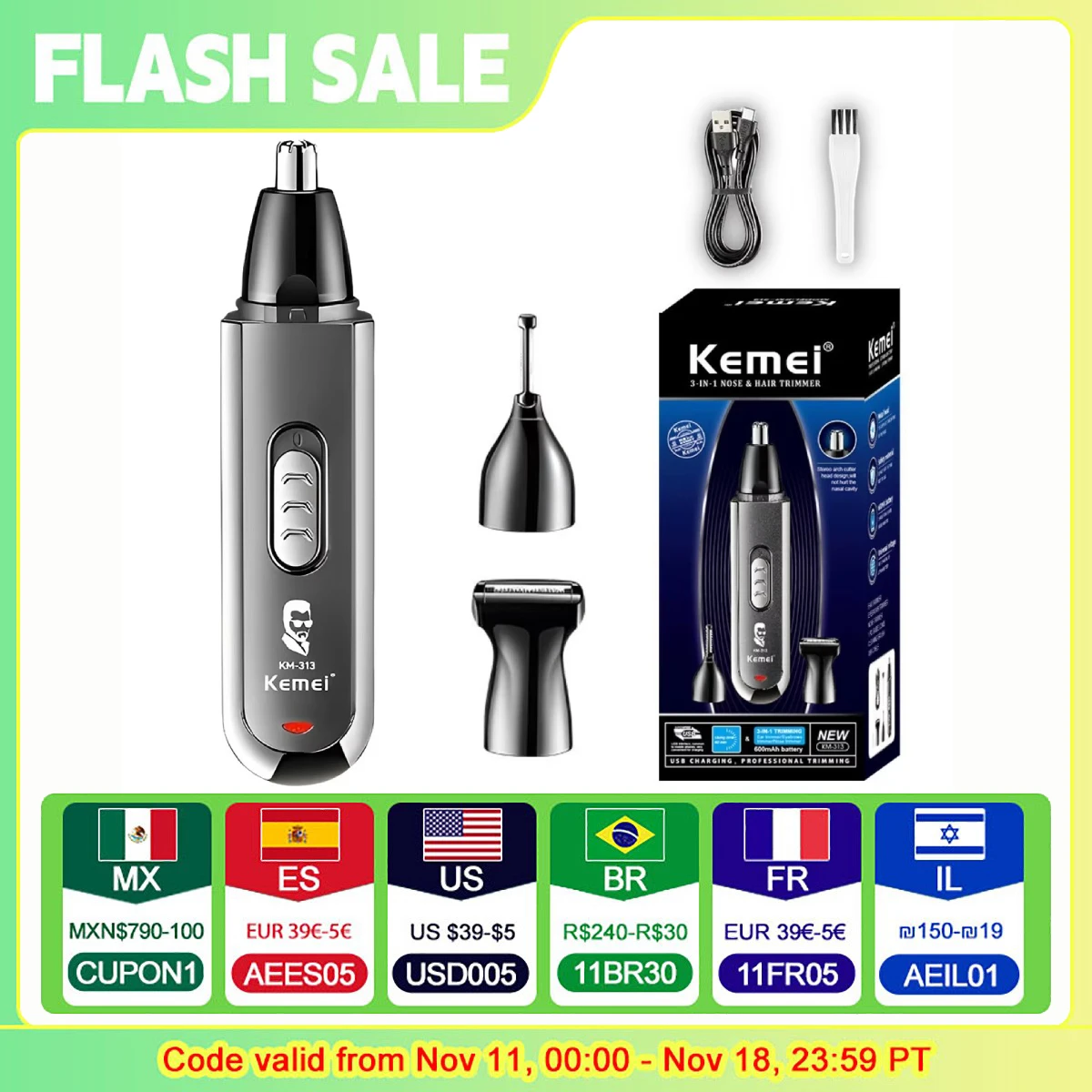 Kemei 3 IN 1 Eyebrows Trimmer Type-C Nose Trimmer Electric Replaceable Hair Remover Professional USB Charging Hair Shaver KM-313