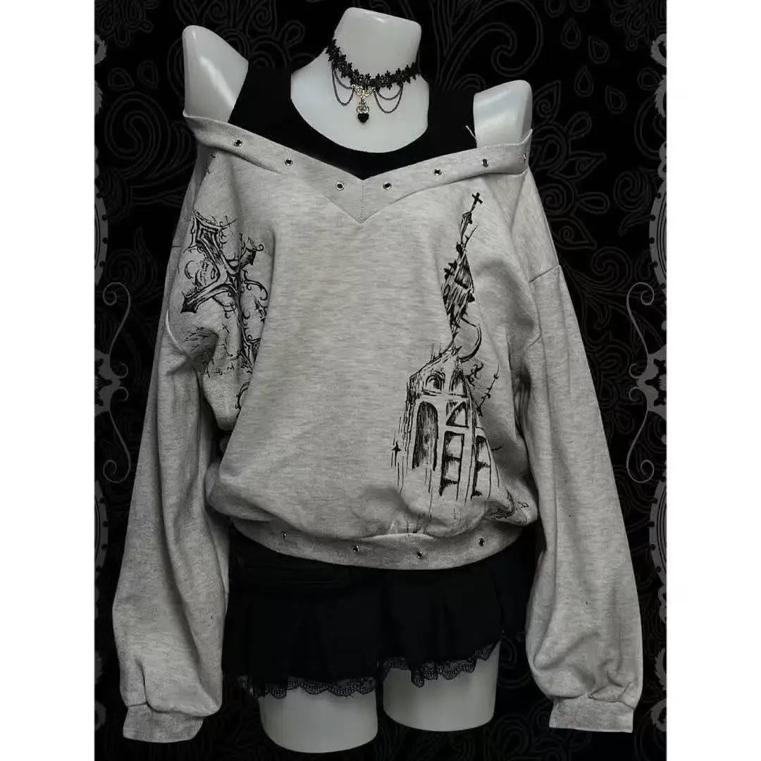 Grey Cross Castle Graphic Fake Two Piece Sweatshirt Off Shoulder Design Long Sleeve Loose Dark Style Casual  Street Pullover Top