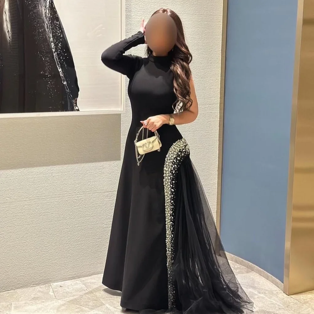 Sukienki na zamówienie, eleganckie, formalne, dżersejowe, z dżetami, plisowane, w kształcie litery A, z wysokim kołnierzem, długie, szyte na miarę, na specjalne okazje, wysokiej jakości, klasyczne.