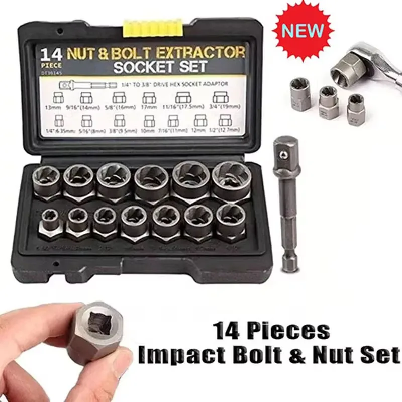 

14pcs Stripped Bolt Extractor Set Bolt Remover Set Damaged Bolt Removal Tool for Damaged Frozen Studs Rusted Rounded-Off Bolts
