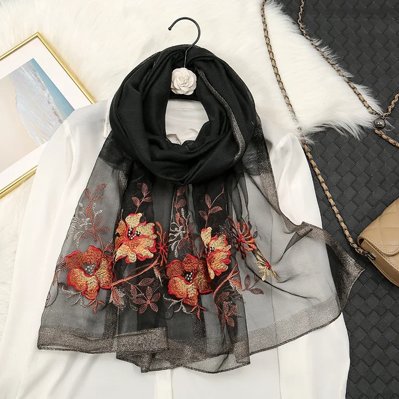 

Embroidery Floral Silk Scarf for Women Shiny Elegant Party Shawl Female Muslim Woman Hijabs Beach Stoles Luxury Brand Scarves