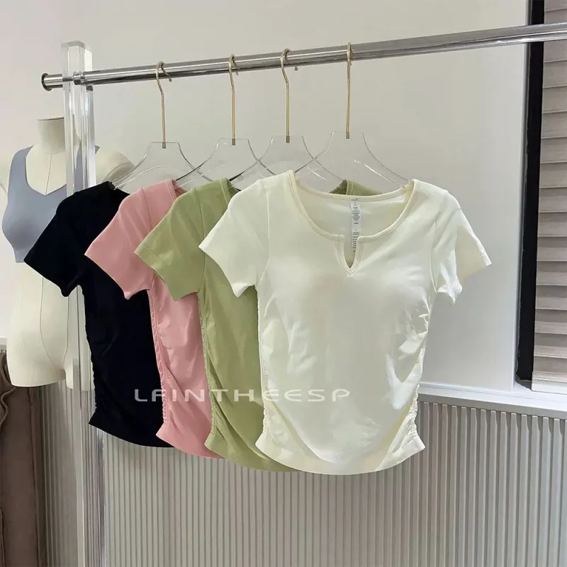 

Ice Cream Pleats, Slimming Seamless V-neck Short Sleeves with Fixed Coasters Sports Tops for Women Summer Short Sleeve Tops