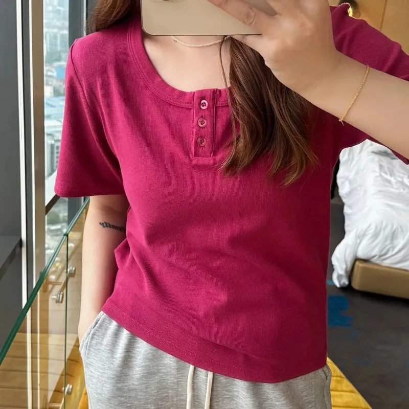 

Summer Women's Top Square Neck Short Sleeve Half Button Ribbed Knit Casual Tops