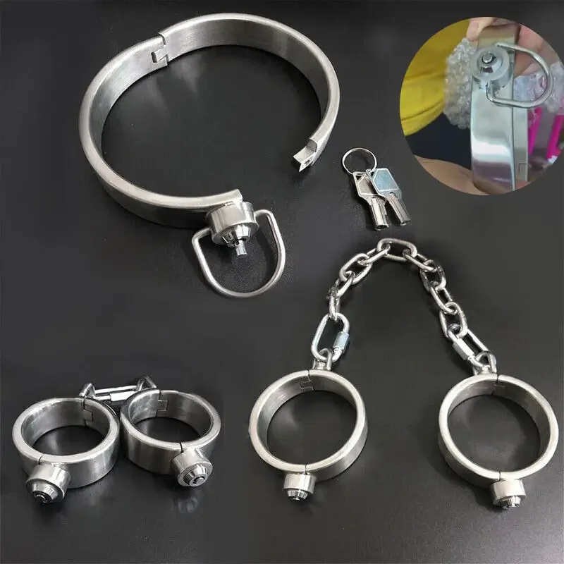 Stainless Steel Bondage Handcuffs Shackles Neck Collar Restraint Wrist Lock BDSM with Chain Set Adult Game Sex Toys for Couple