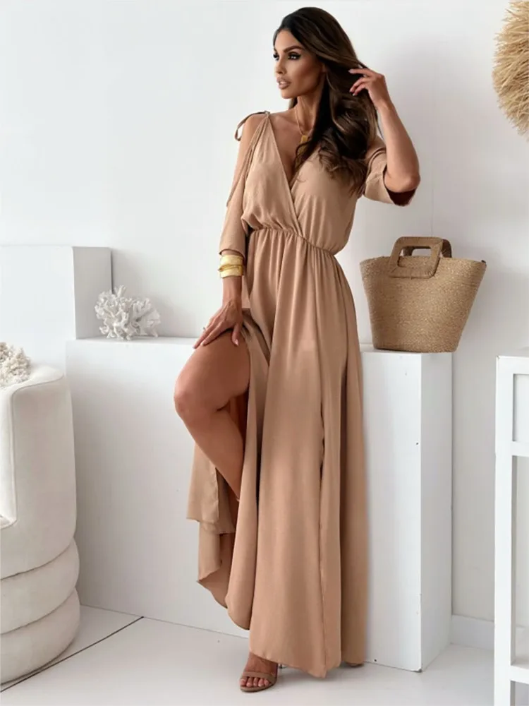 Summer New V-neck Skirt Slit Dress Off-shoulder Sleeves Sexy Suspender Dress Fashion Elegant Casual Loose Beach Party Dresses