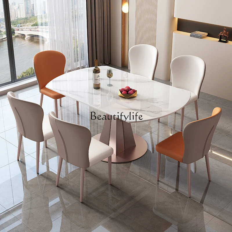 Light luxury rock slab dining table variable round table modern simple household small retractable folding dining table