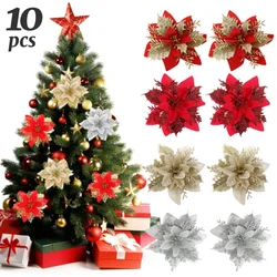 10/1pcs 15cm Glitter Christmas Flowers Artificial Poinsettia Flower Head Xmas Tree Ornament Home Decoration Navidad New Year