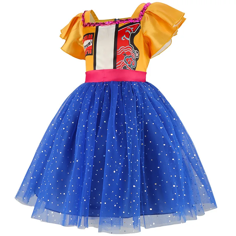 Kids Sparkling Mesh Tutu Princess Dress Short Flutter Sleeve Color Block Printed Fancy Outfit For Birthday Halloween Carnival