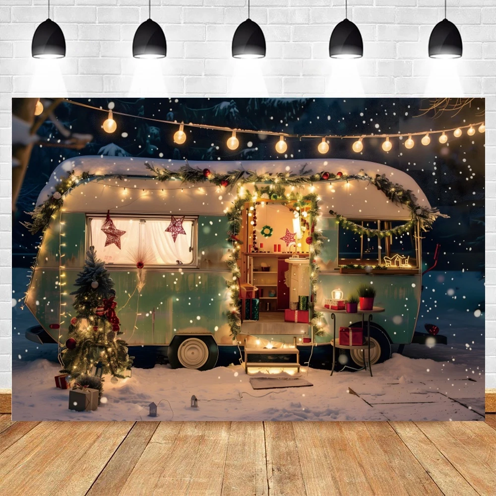 Winter Christmas Car Photography Background Camping Forest Snowy Bus Xmas Trees Kids Family Portrait Decor Backdrop Photo Studio