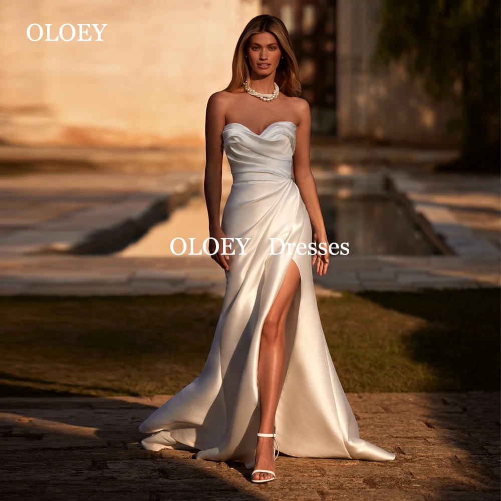 

OLOEY Elegant Ivory Satin Mermaid Wedding Dresses Sweetheart Pleats Floor Length Bridal Gowns Sleeveless Side Slit Customizd