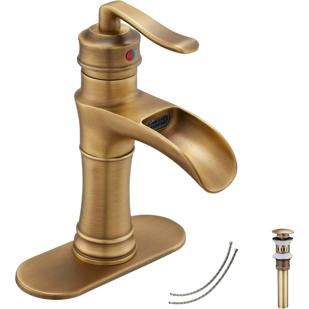 

Antique Brass Waterfall Bathroom Faucet, 1-Hole Single Handle Farmhouse Vanity Mixer with Drain Assembly (Deck Mount)