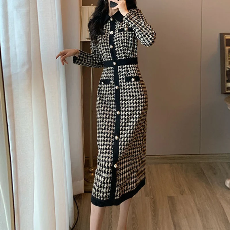 Spring Autumn New Slim Knitting Midi Dress Women High Street Long Sleeve Button Dresses Elegant Plaid Printing Chic Vestidos