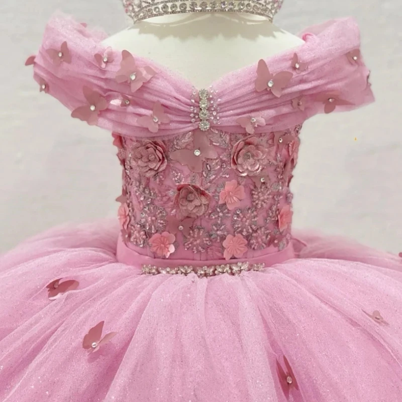 Real Pink Princess Flower Girl Dresses For Wedding Party Cap Sleeve Bow Beaded Ball Gown Kids Prom Birthday Party Dress Vestido