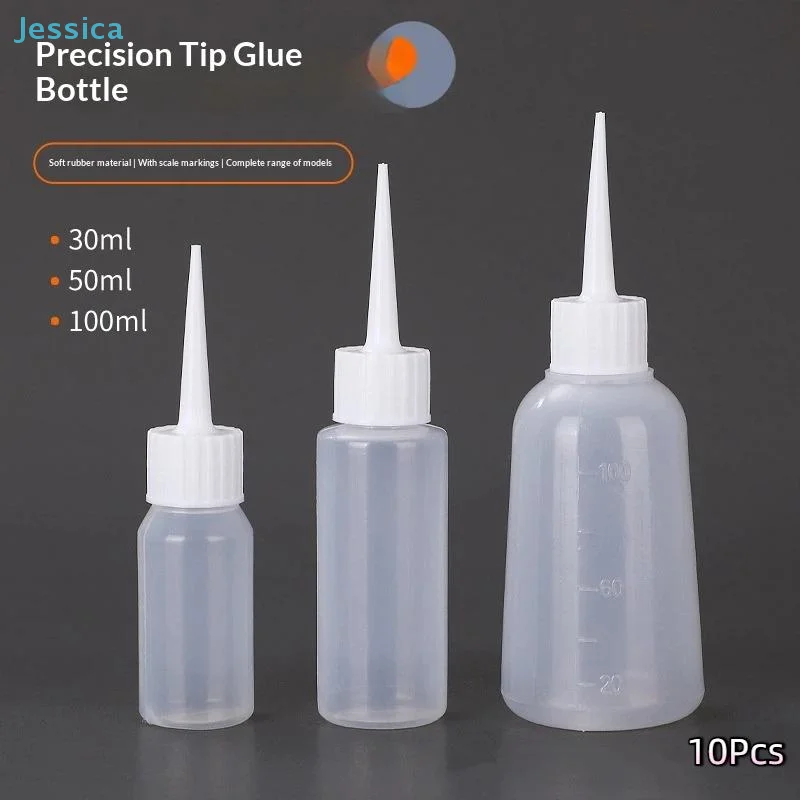 〔Jessica〕10Pcs Precision Tip Glue Bottles - 30/50/100ml Soft Rubber Squeeze Bottles with Scale Markings
