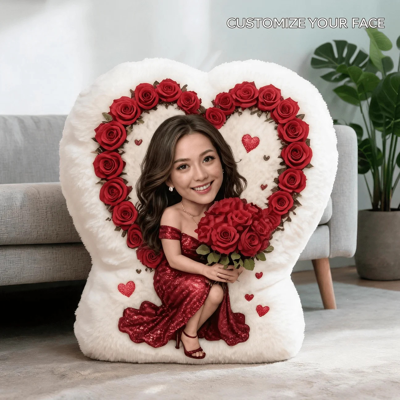 Custom Personalized Photo Face Pillow, Romantic Red Dress Woman Heart Shape Decorative Cushion, 60CM Large Size Accent Pillow fo