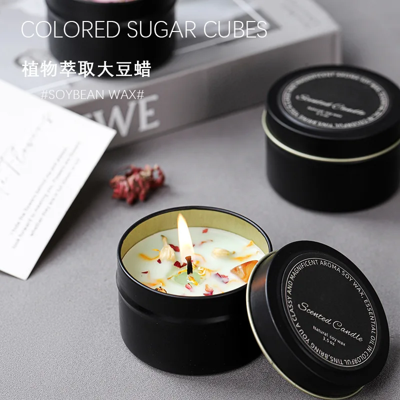 

Individual Individually Packaged Energy Stone Aromatherapy Candle Black Iron Can Yilan Aromatherapy Dry Flower Candle Gift