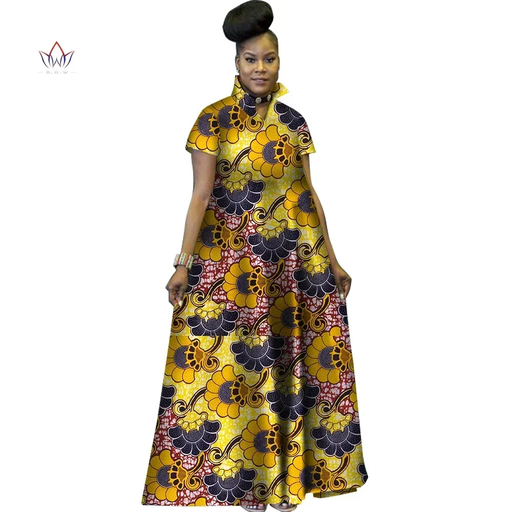 Africa Print Long Ball Gown Dresses Bazin Riche African Stand Collar Dress for Women Traditional African Clothing WY2802