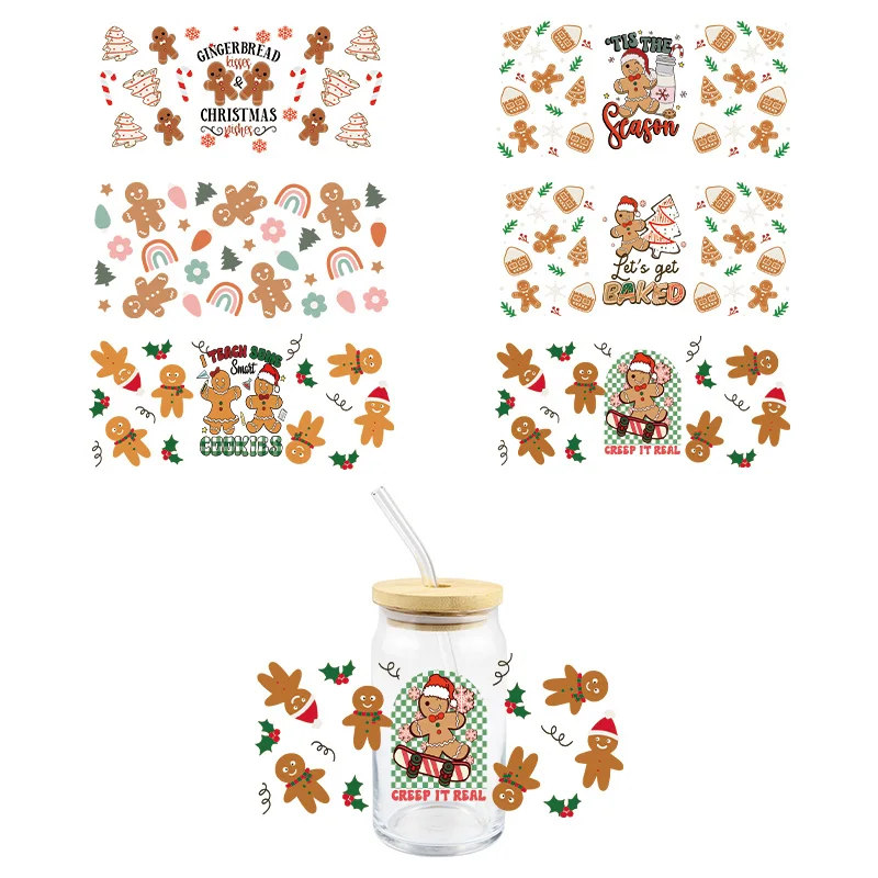 Christmas UV DTF Wrap Transfer Sticker  Gingerbread Man Cartoon Design DTF Wrap For Glasses Cups Bottles Waterproof Decal