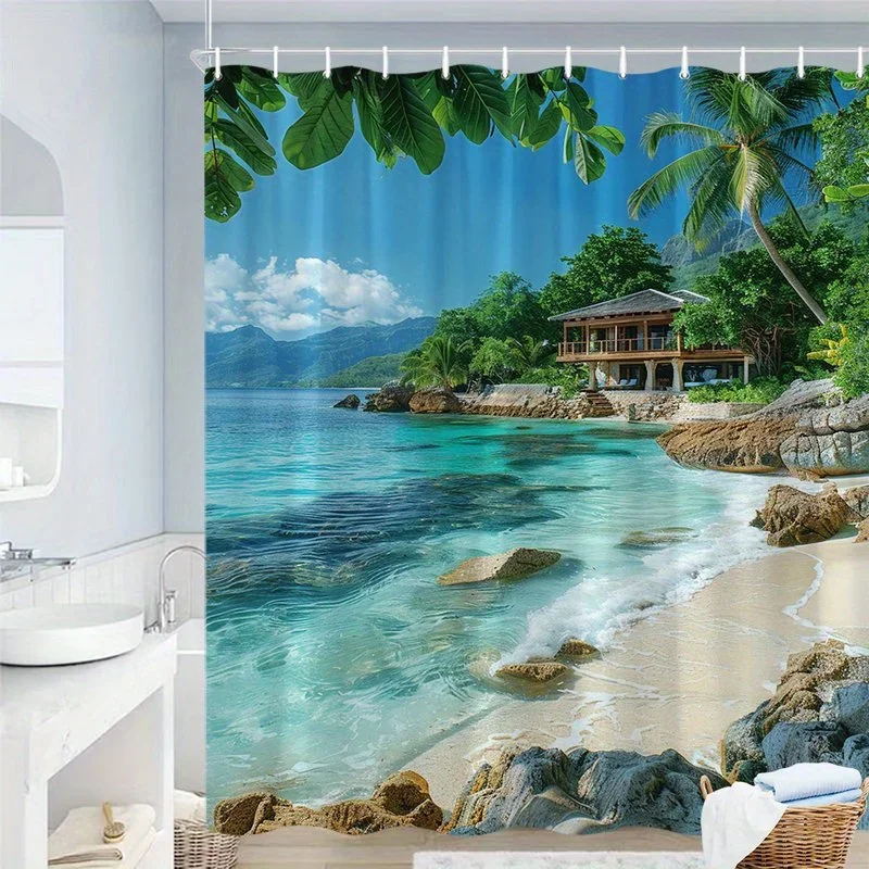 1pc Tropical Beach House Shower Curtain - Vibrant Coastal Island Scene with Thatched Roof Cottage, Turquoise Waters & Coral Reef