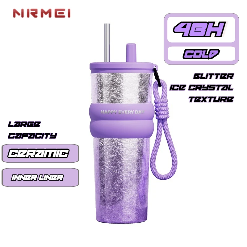 

710ML Ceramic Glitter Water Bottle Shining Stainless Steel Insulated Thermos Coffee Cup Reusable Drinkware Rope Straw Gift Girl