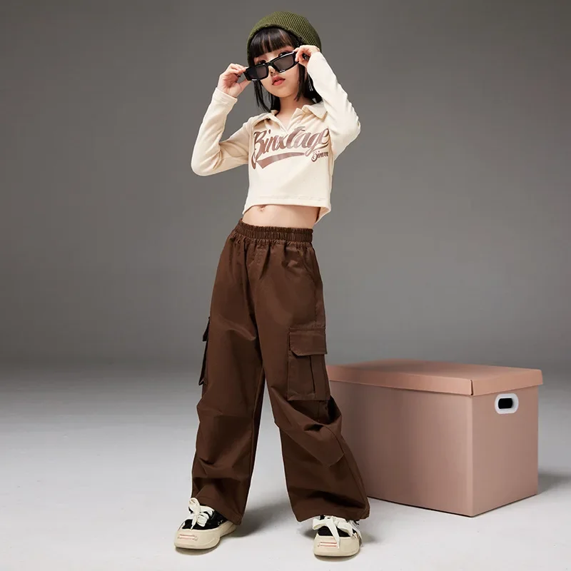 Girls Ballroom Hip Hop Dance Costumes White Letter Print Crop Top Brown Cargo Pants Set Fashion Jazz Dancing Performance Clothes