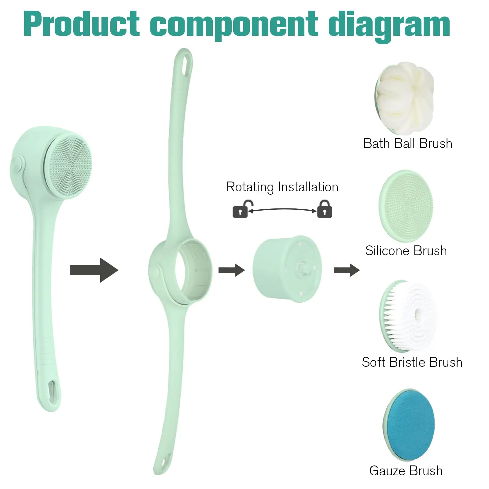 Electric Body Brush 4 Heads Waterproof Long Handle Shower Back Scrubber USB Rechargeable Exfoliating Bath Cleaning Brush view 2