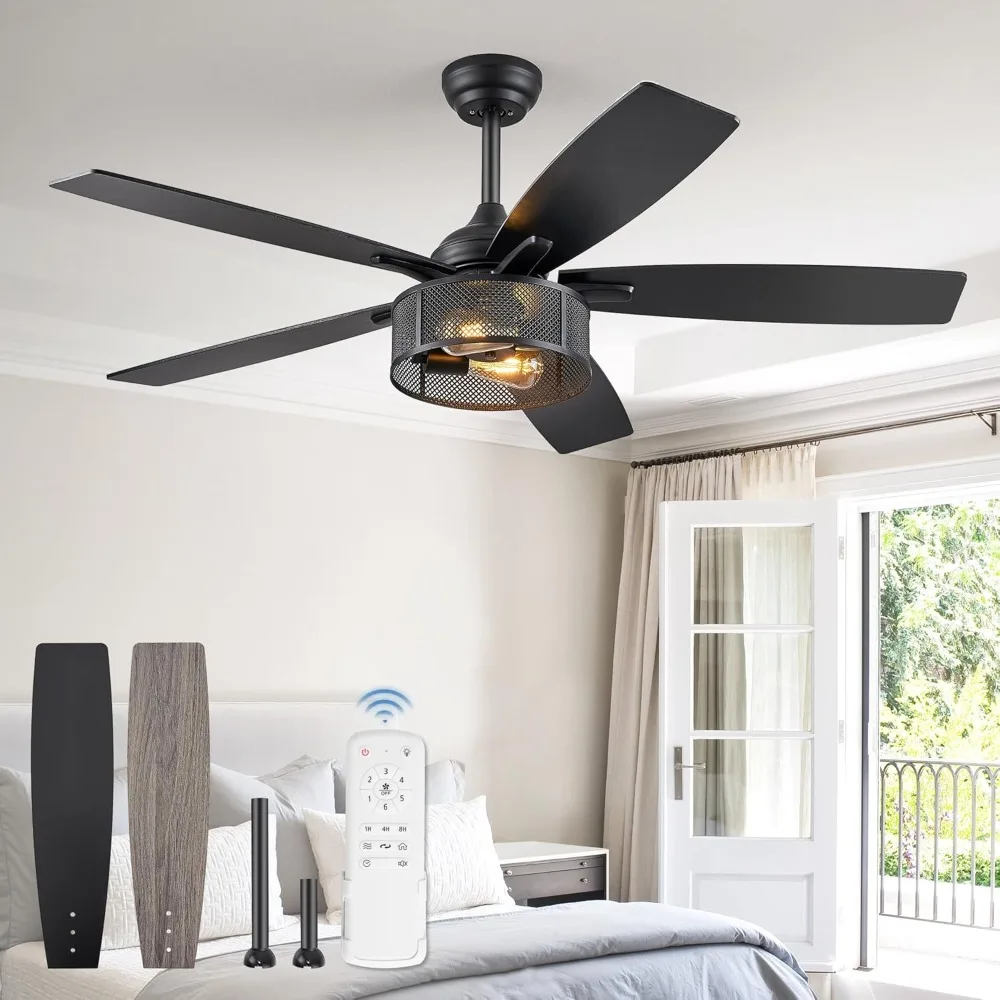 

Farmhouse Ceiling Fans with Lights and Remote, 52 Inch Industrial Black Caged Ceiling Fans for Living Room Bedroom Kitchen